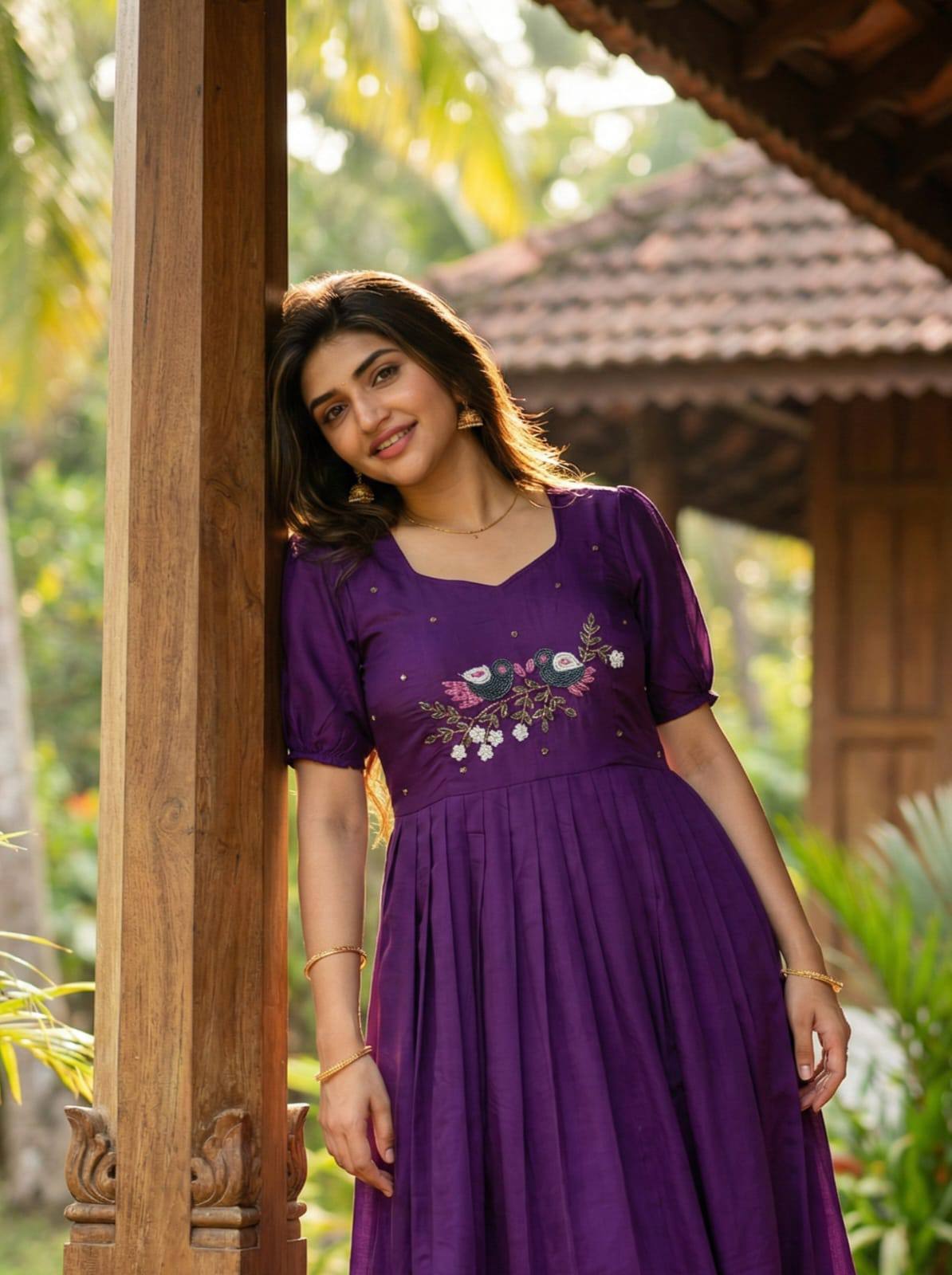 Anarkali Gown for Women Purple Roman Fabric Handwork
