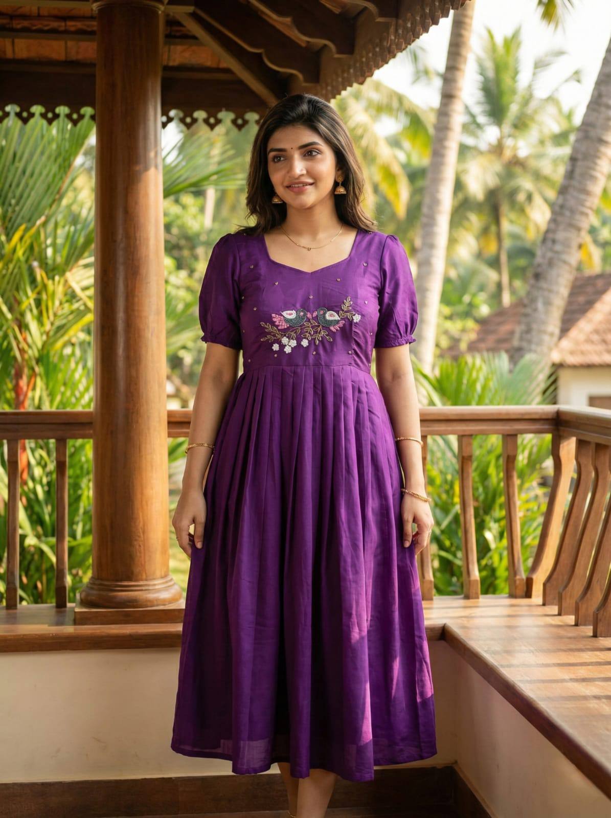 Anarkali Gown for Women Purple Roman Fabric Handwork
