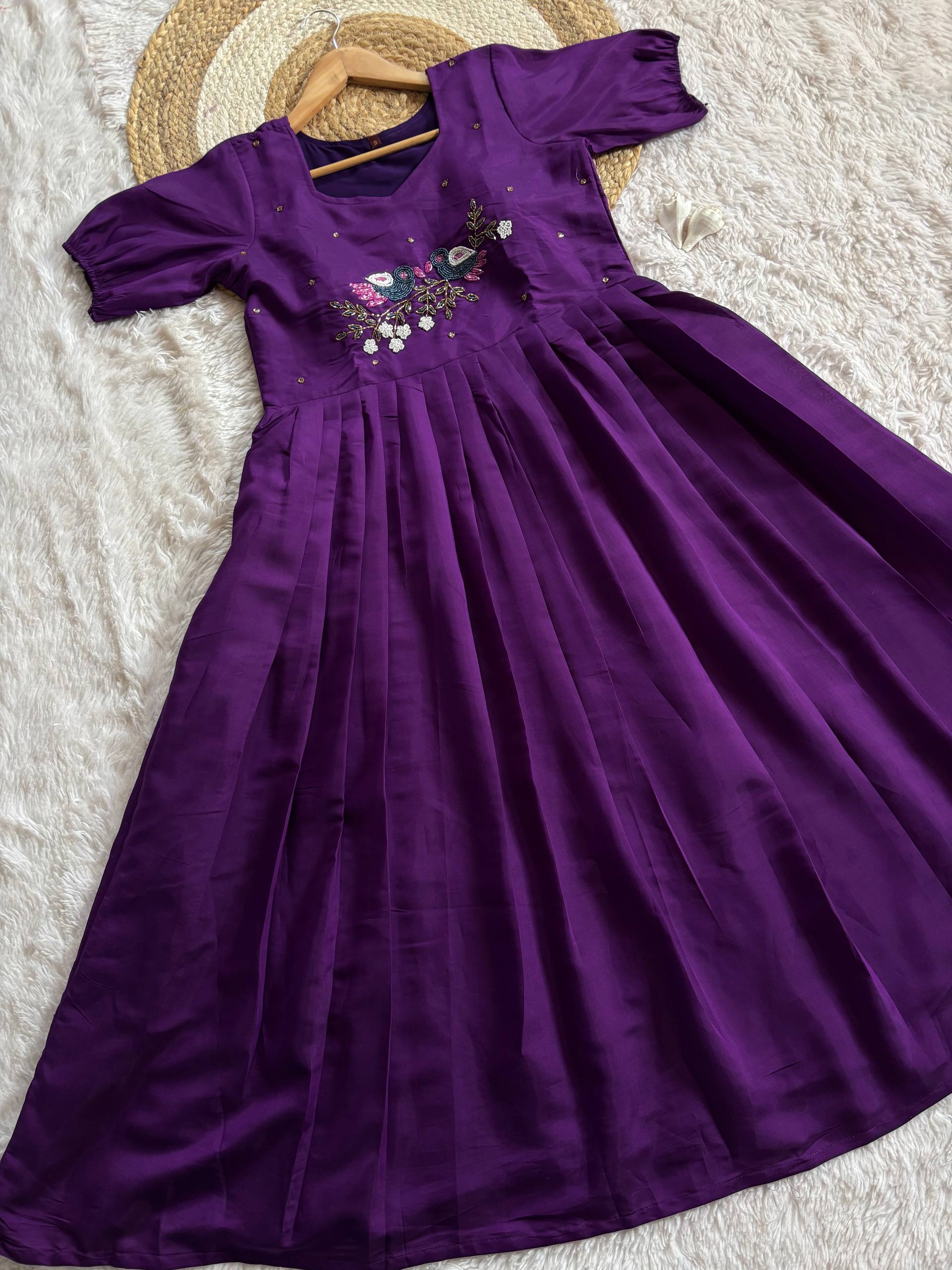 Anarkali Gown for Women Purple Roman Fabric Handwork