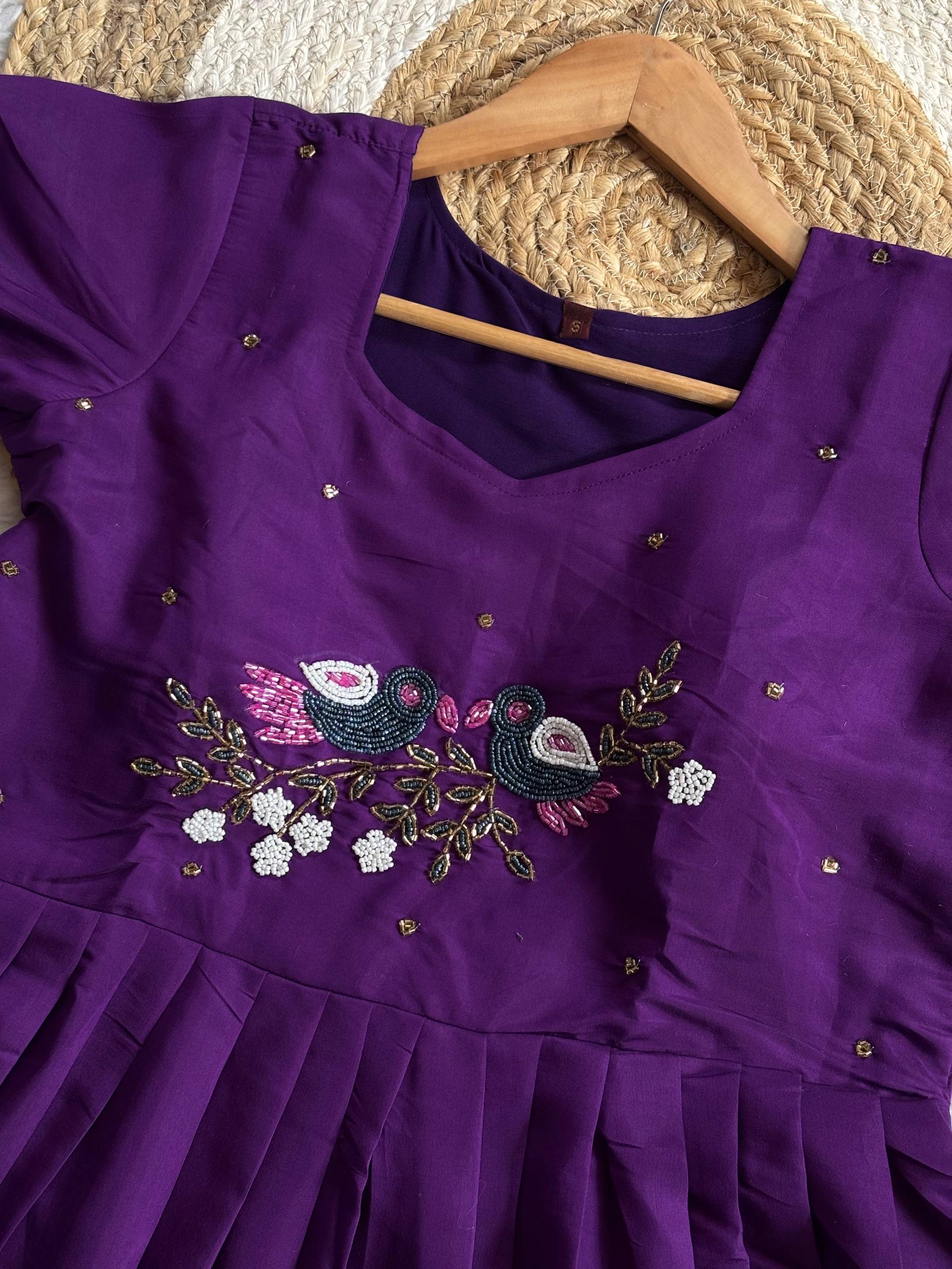 Anarkali Gown for Women Purple Roman Fabric Handwork