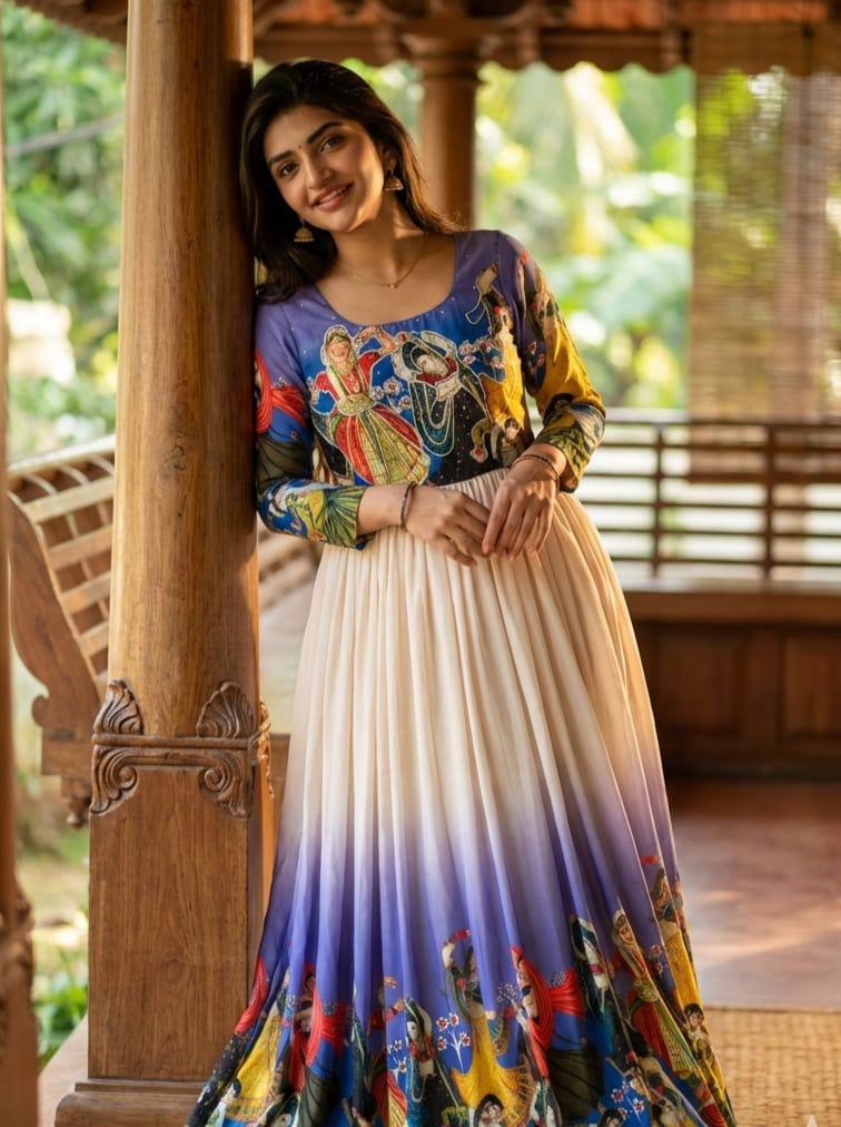 Anarkali Gown Premium Muslin Kalamkari Designer with Khatli Handwork with moti and beats