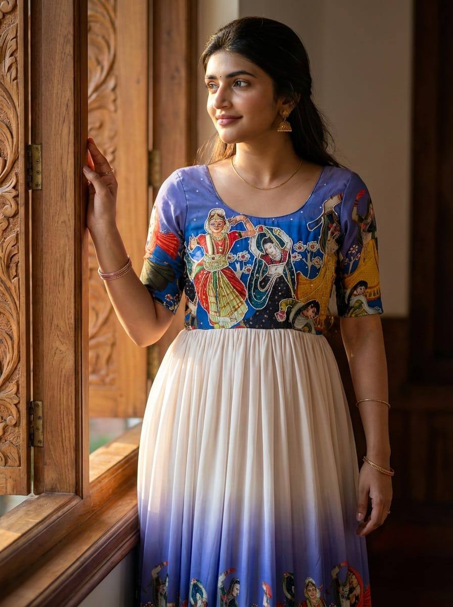 Anarkali Gown Premium Muslin Kalamkari Designer with Khatli Handwork with moti and beats
