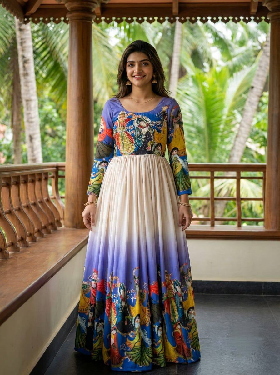 Anarkali Gown Premium Muslin Kalamkari Designer with Khatli Handwork with moti and beats