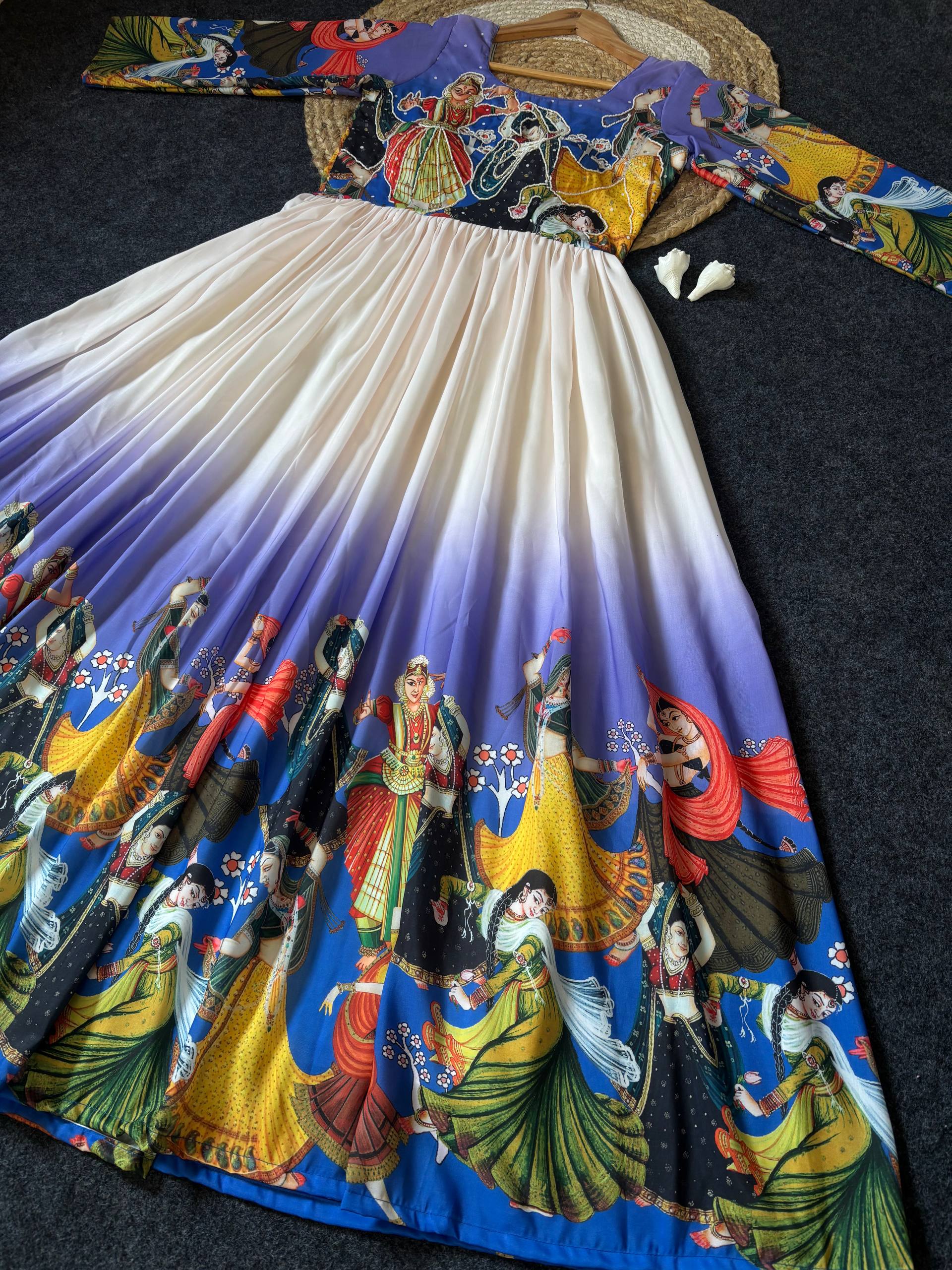 Anarkali Gown Premium Muslin Kalamkari Designer with Khatli Handwork with moti and beats