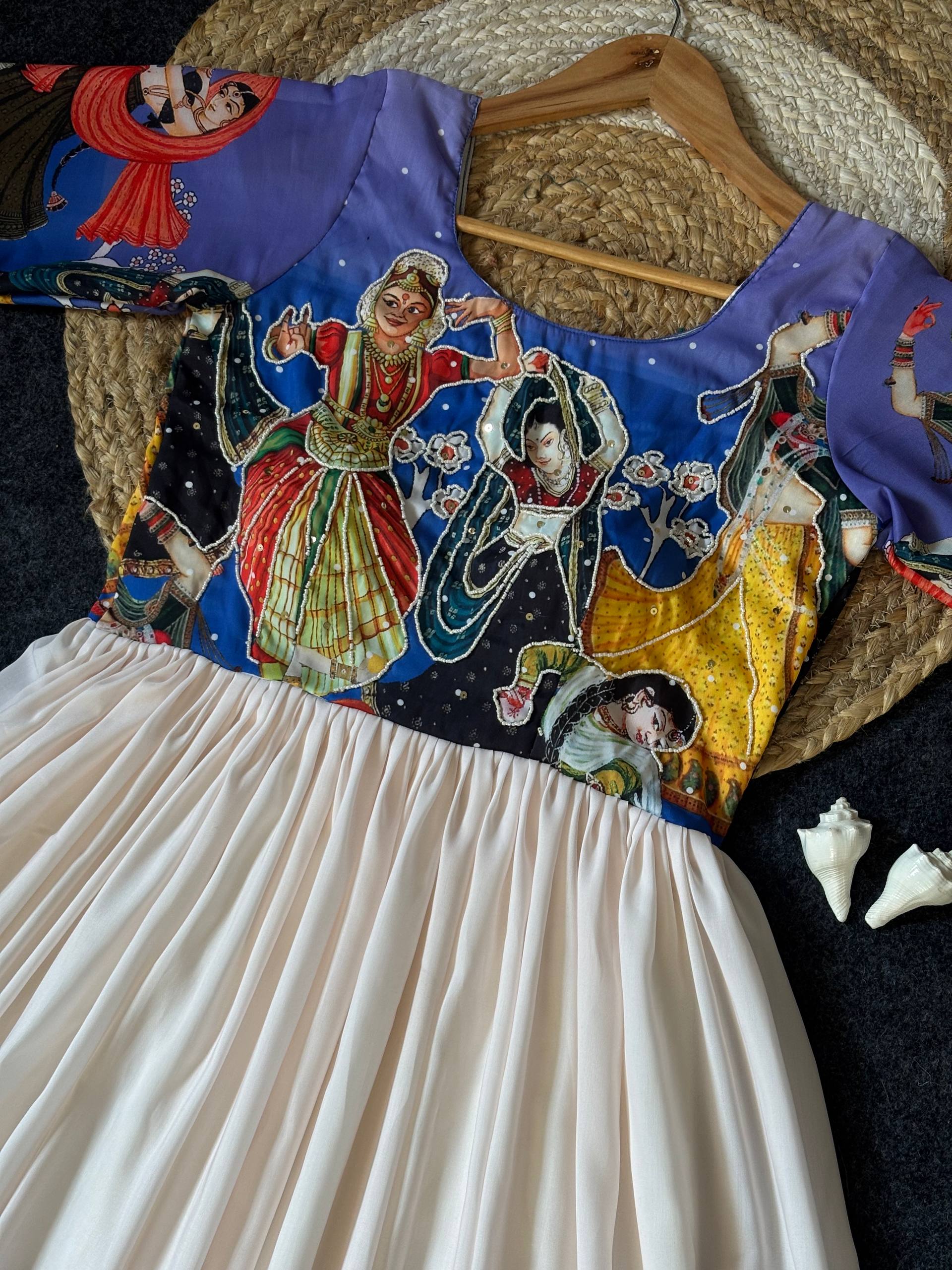 Anarkali Gown Premium Muslin Kalamkari Designer with Khatli Handwork with moti and beats