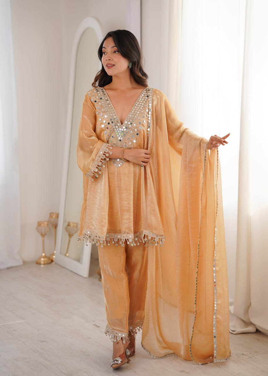 Chickoo Party Wear Kurti Set with Real Mirror Work | Fendy Fabric Suit Set