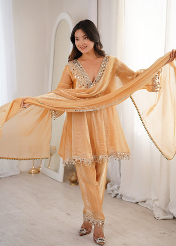 Chickoo Party Wear Kurti Set with Real Mirror Work | Fendy Fabric Suit Set