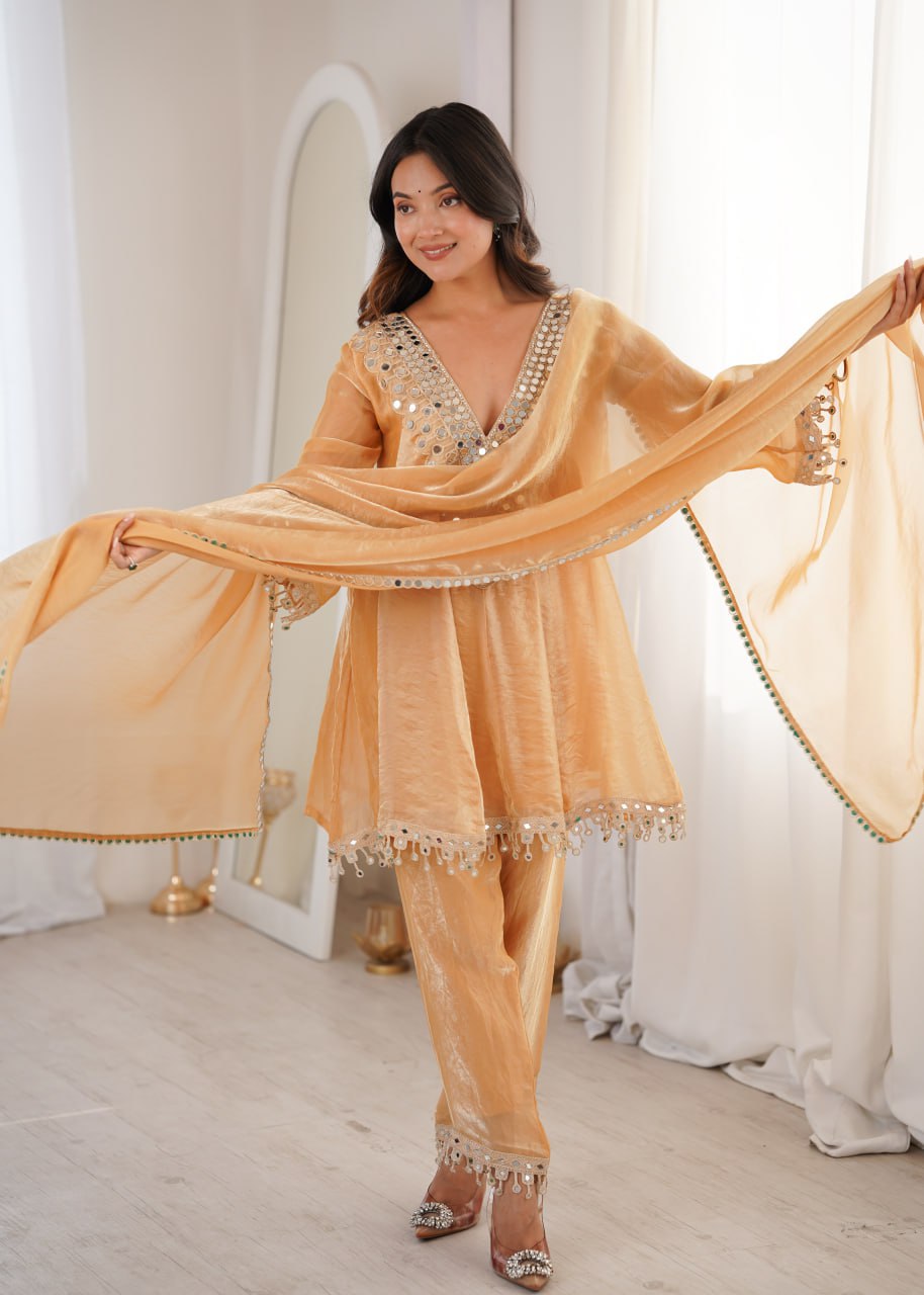 Chickoo Party Wear Kurti Set with Real Mirror Work | Fendy Fabric Suit Set