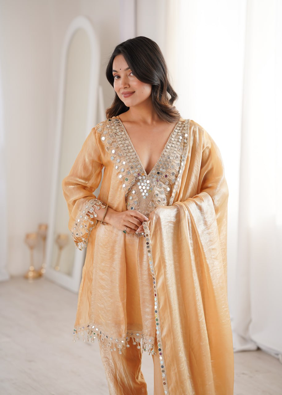 Chickoo Party Wear Kurti Set with Real Mirror Work | Fendy Fabric Suit Set