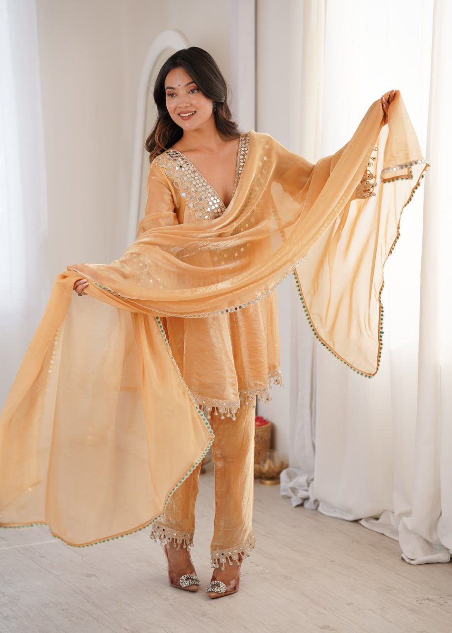 Chickoo Party Wear Kurti Set with Real Mirror Work | Fendy Fabric Suit Set