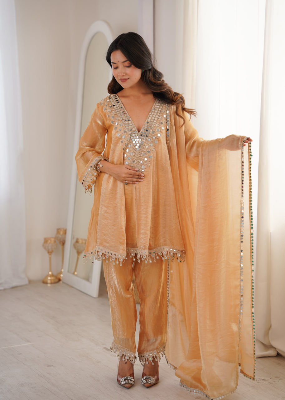 Chickoo Party Wear Kurti Set with Real Mirror Work | Fendy Fabric Suit Set