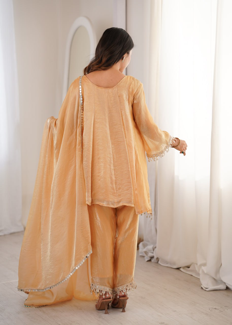 Chickoo Party Wear Kurti Set with Real Mirror Work | Fendy Fabric Suit Set