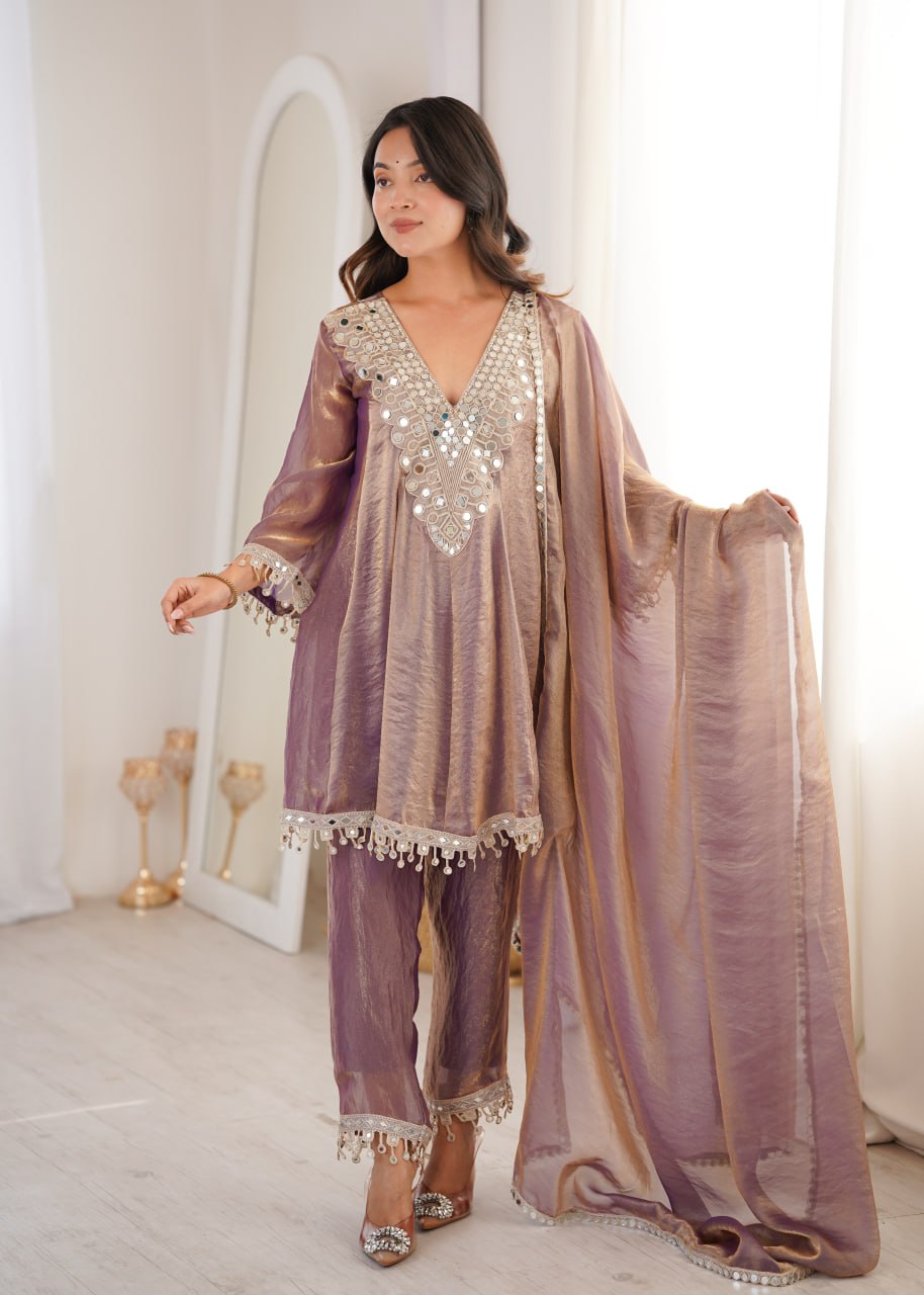 purple Party Wear Kurti Set with Real Mirror Work | Fendy Fabric Suit Set