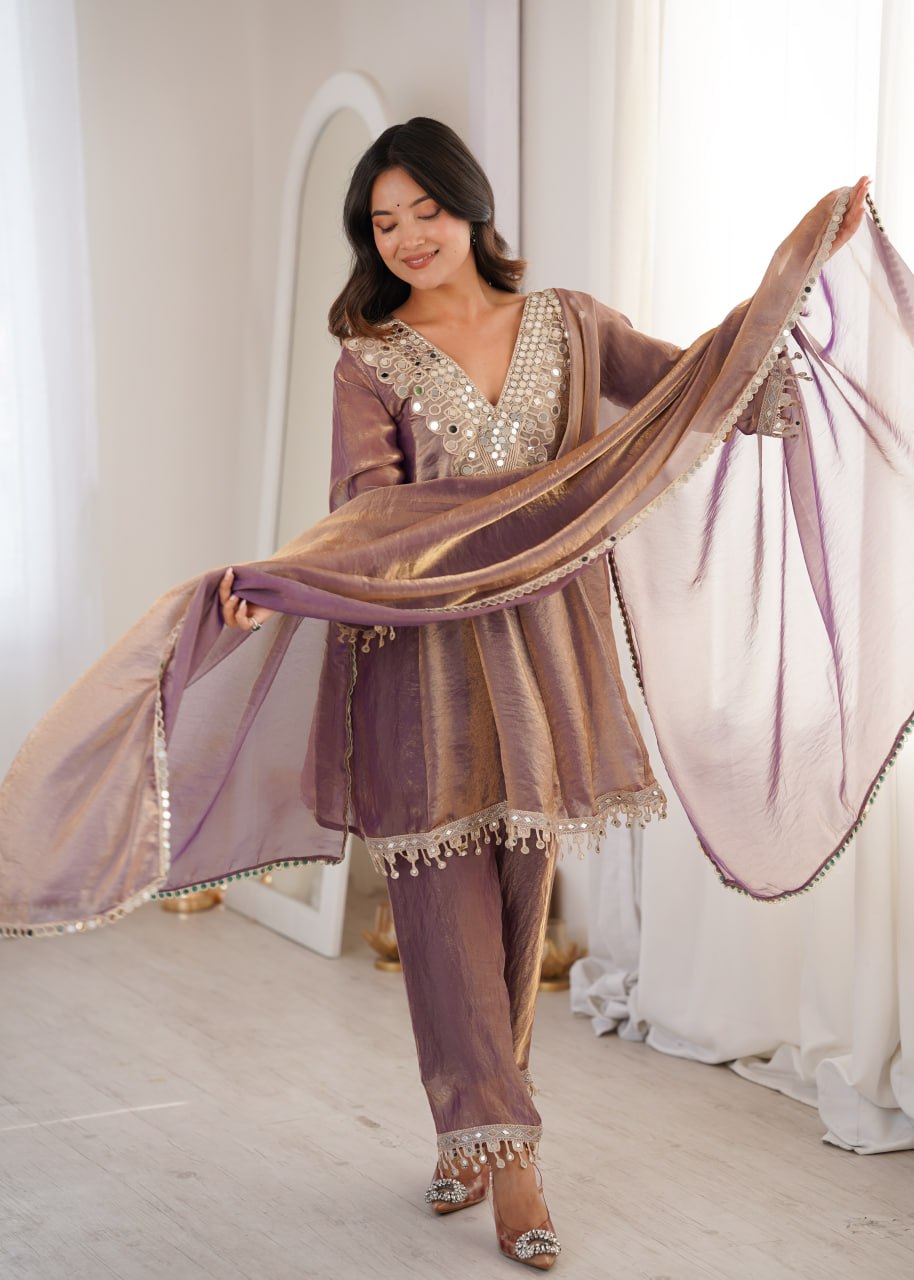 purple Party Wear Kurti Set with Real Mirror Work | Fendy Fabric Suit Set