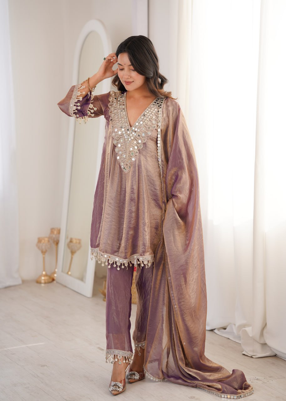 purple Party Wear Kurti Set with Real Mirror Work | Fendy Fabric Suit Set