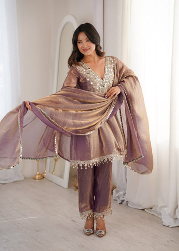 purple Party Wear Kurti Set with Real Mirror Work | Fendy Fabric Suit Set