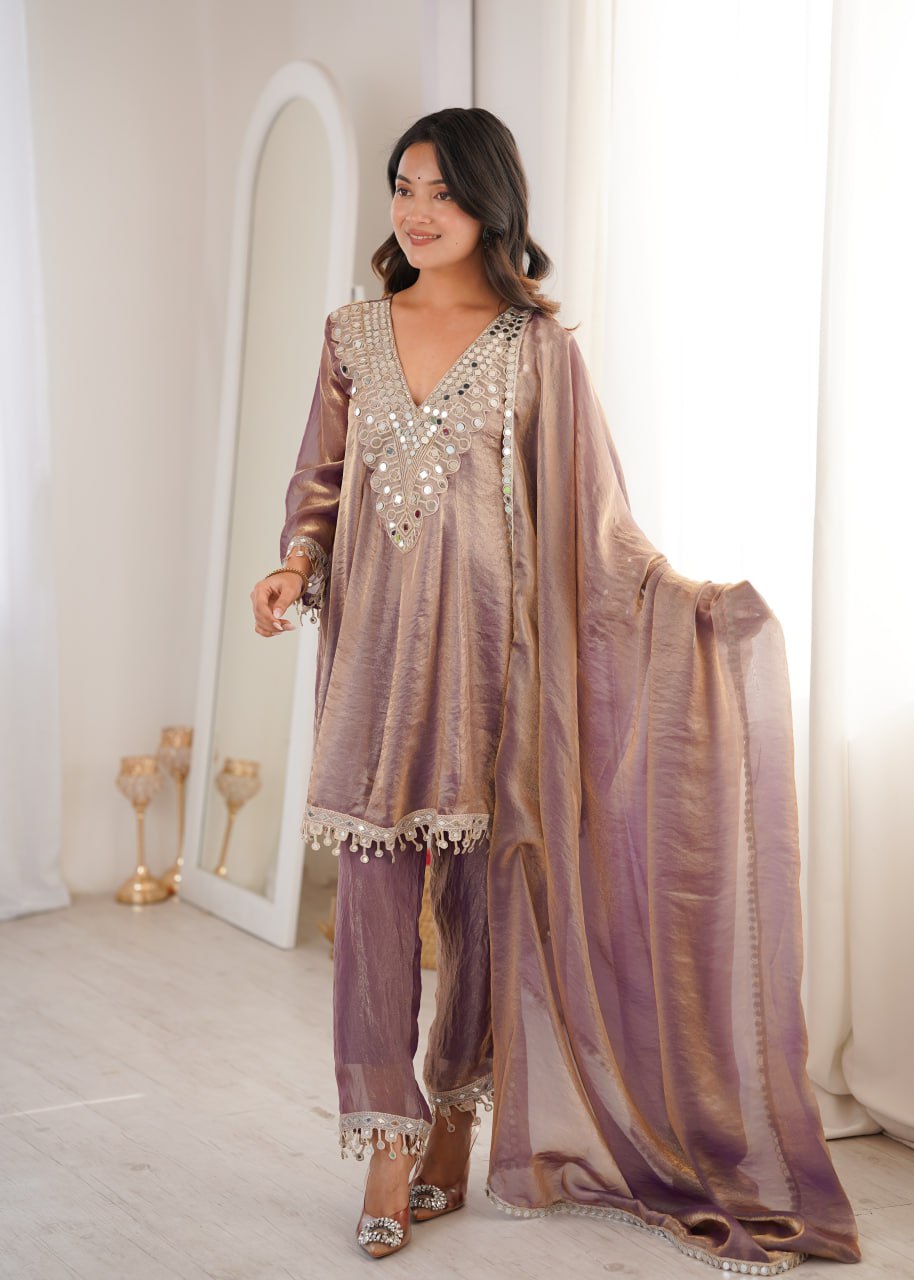 purple Party Wear Kurti Set with Real Mirror Work | Fendy Fabric Suit Set
