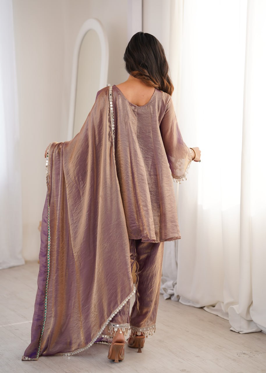 purple Party Wear Kurti Set with Real Mirror Work | Fendy Fabric Suit Set