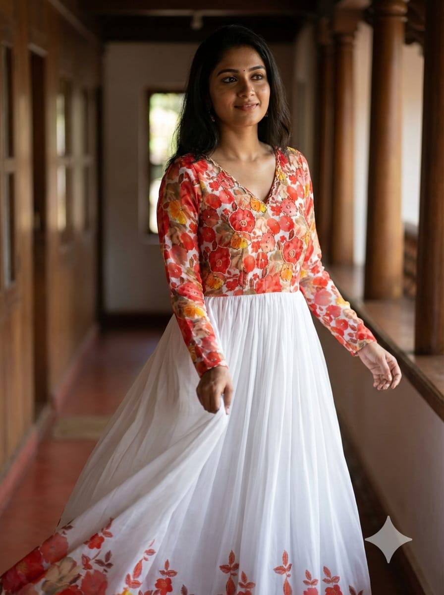 Ivory White Floral Maslin Gown with Khatli Handwork | Elegant Festive Ethnic Wear Gown for Women
