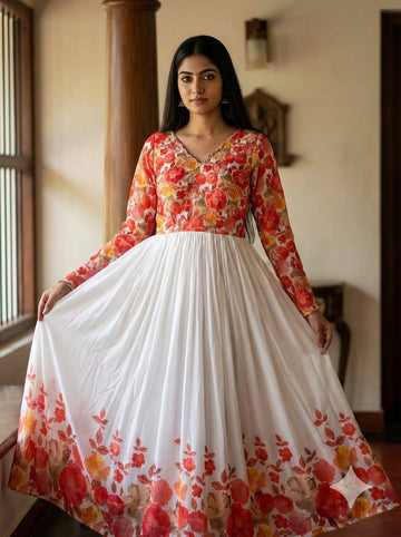 Ivory White Floral Maslin Gown with Khatli Handwork | Elegant Festive Ethnic Wear Gown for Women