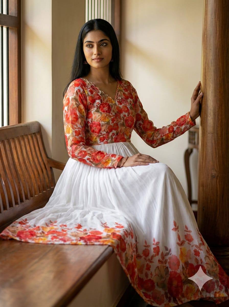 Ivory White Floral Maslin Gown with Khatli Handwork | Elegant Festive Ethnic Wear Gown for Women