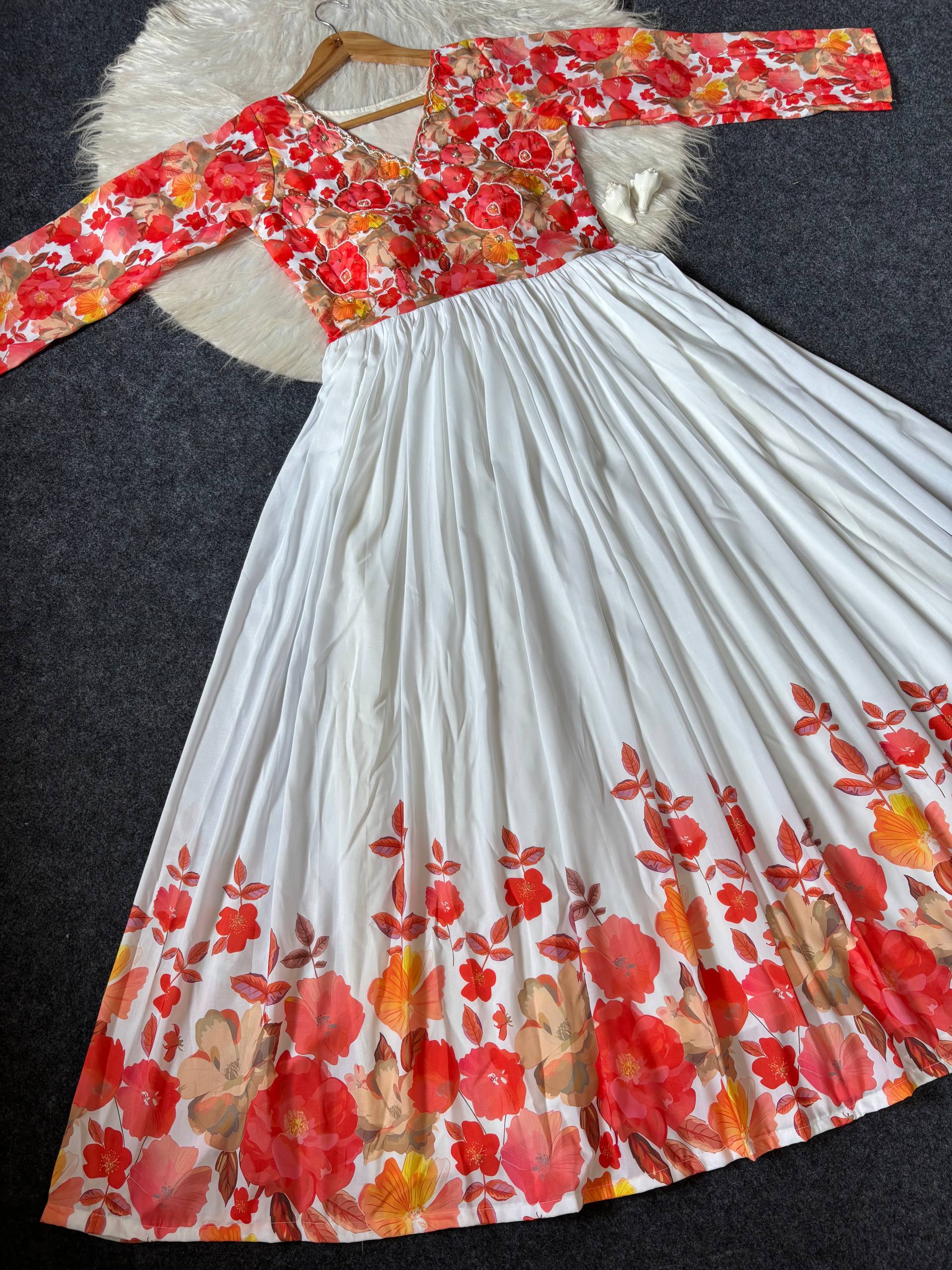 Ivory White Floral Maslin Gown with Khatli Handwork | Elegant Festive Ethnic Wear Gown for Women