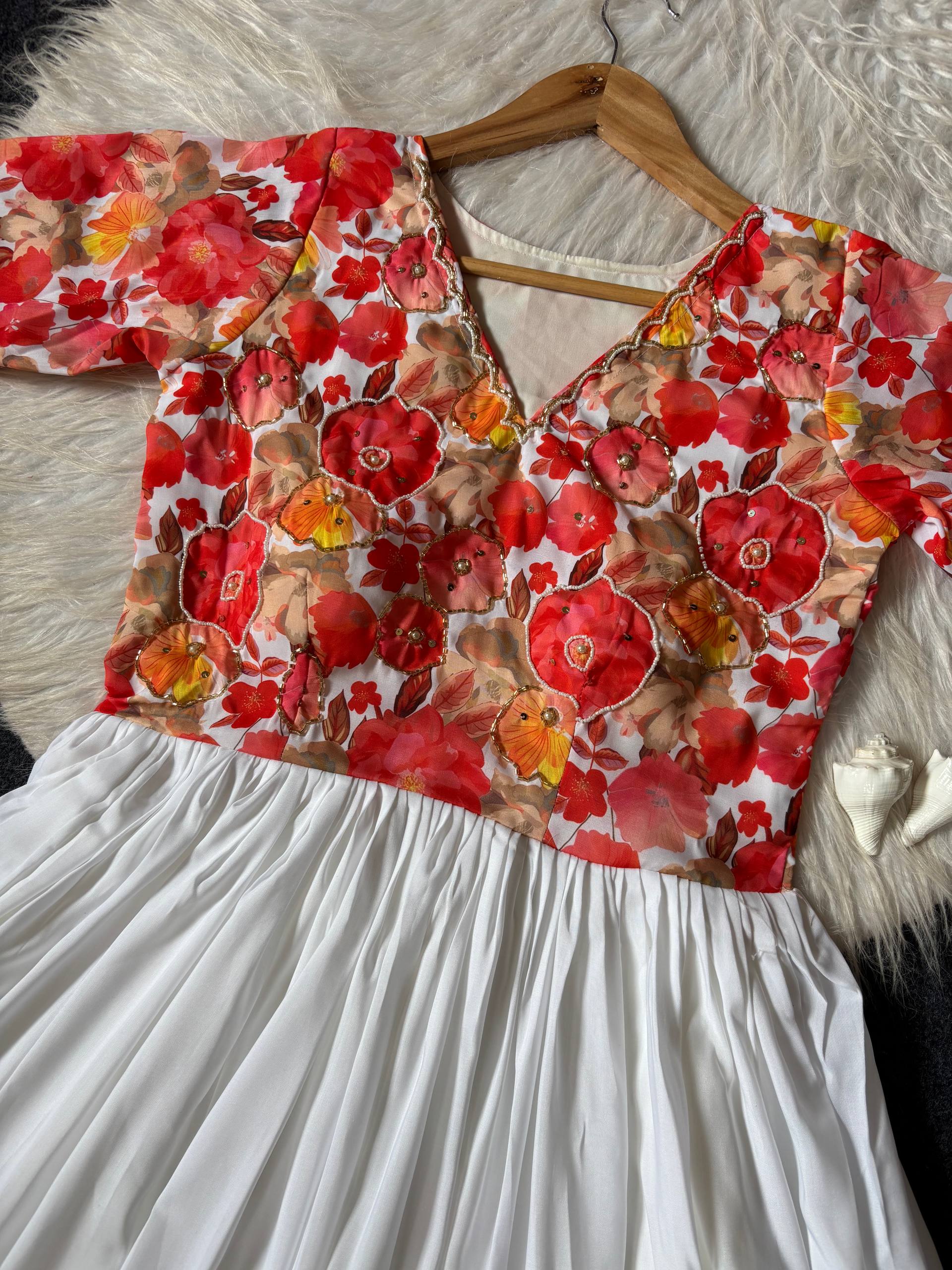 Ivory White Floral Maslin Gown with Khatli Handwork | Elegant Festive Ethnic Wear Gown for Women