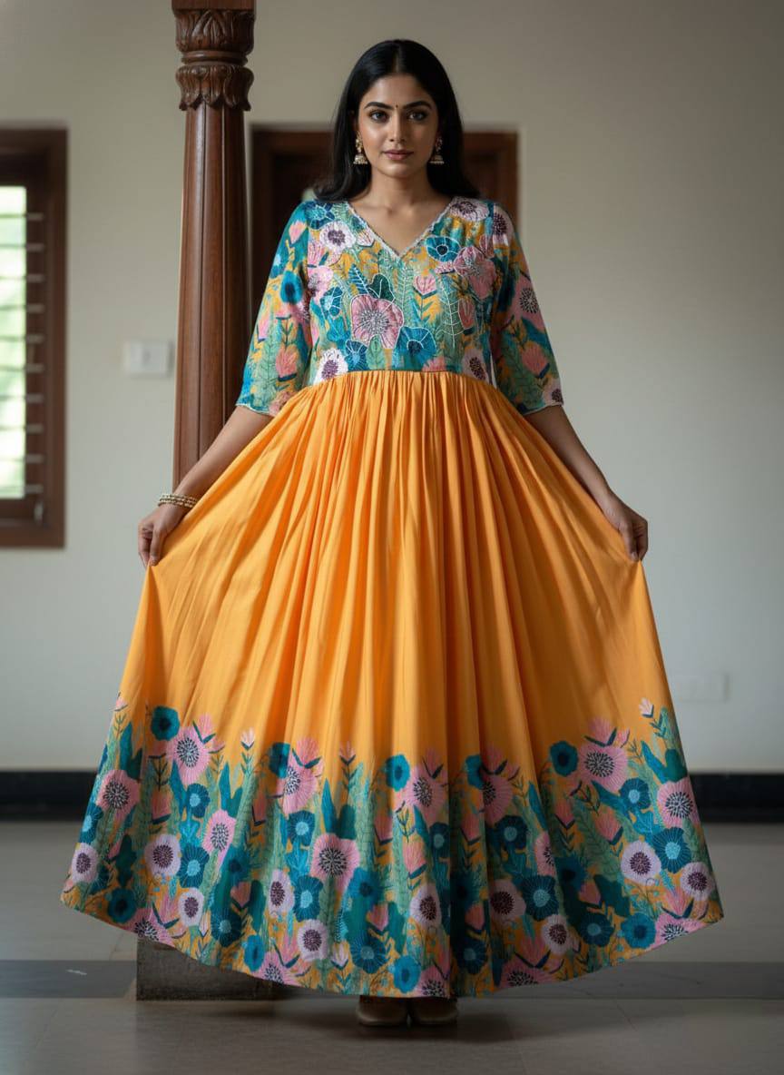 Mustard Floral Printed Maslin Gown with Khatli Handwork | Elegant Ethnic Wear Gown for Women