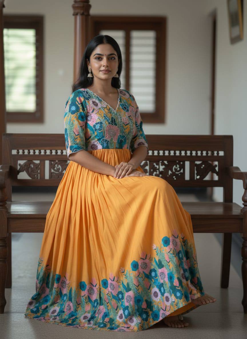 Mustard Floral Printed Maslin Gown with Khatli Handwork | Elegant Ethnic Wear Gown for Women