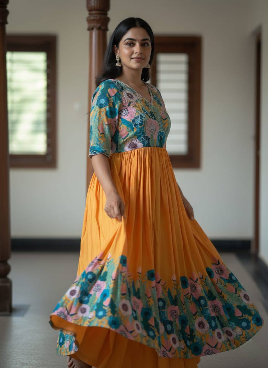 Mustard Floral Printed Maslin Gown with Khatli Handwork | Elegant Ethnic Wear Gown for Women