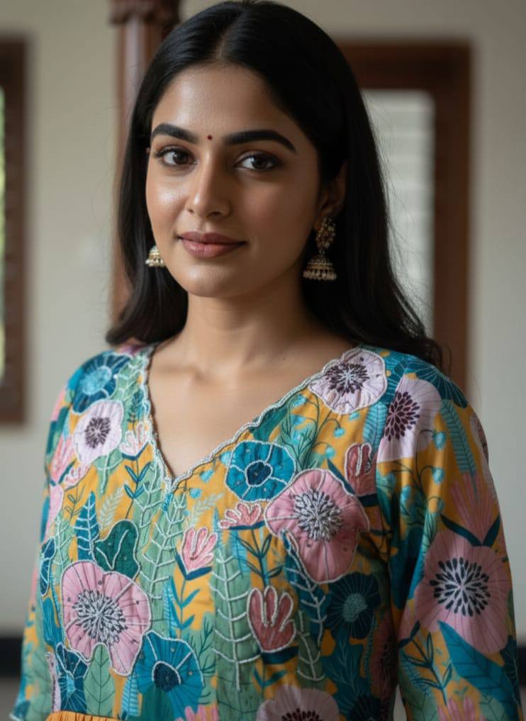 Mustard Floral Printed Maslin Gown with Khatli Handwork | Elegant Ethnic Wear Gown for Women
