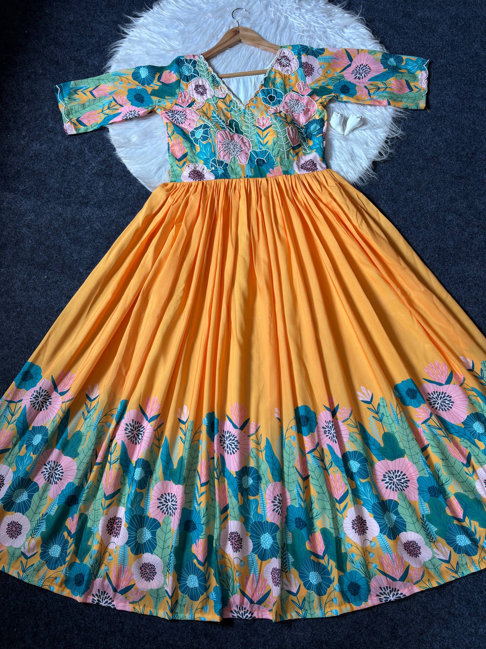 Mustard Floral Printed Maslin Gown with Khatli Handwork | Elegant Ethnic Wear Gown for Women