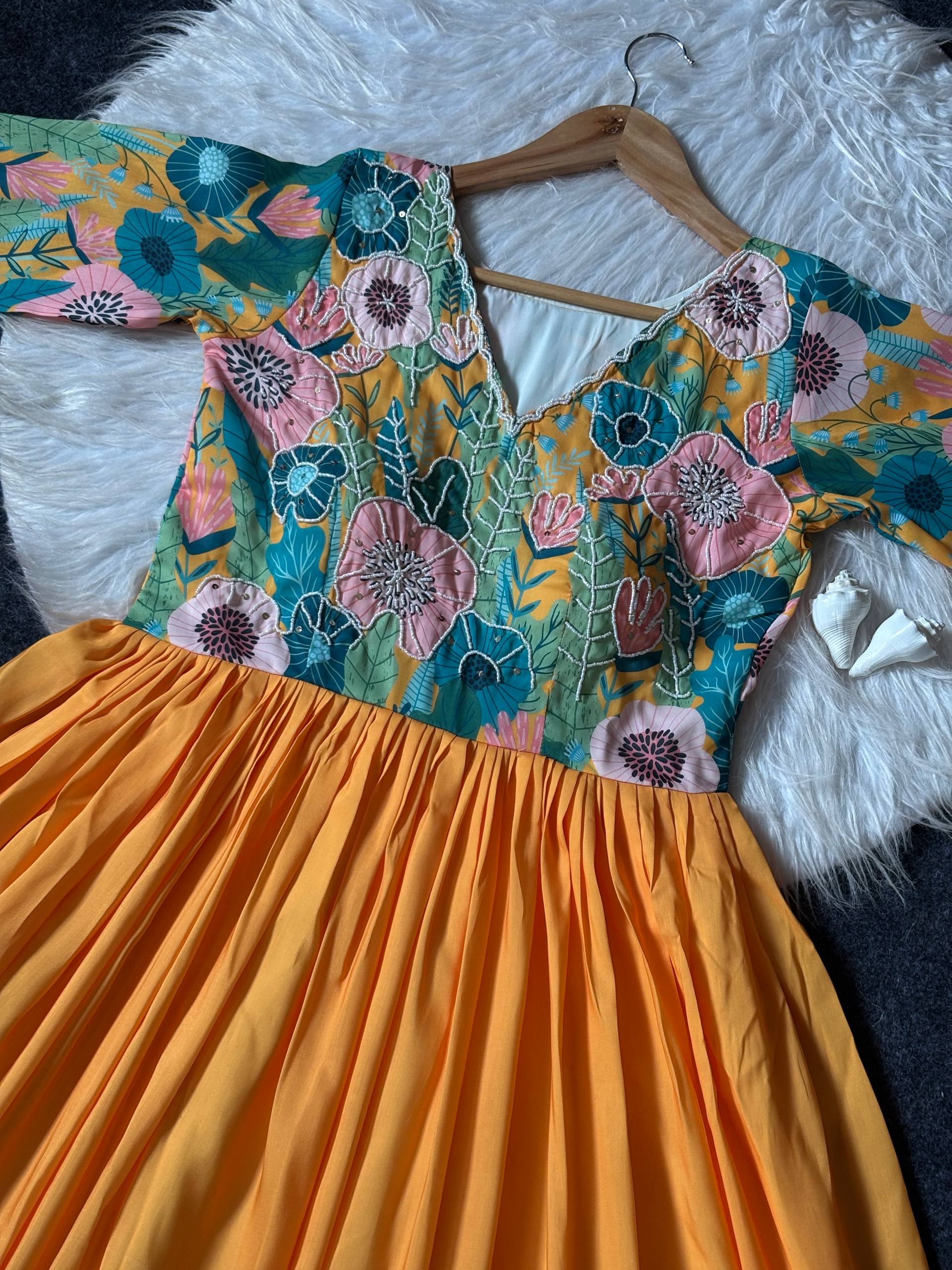 Mustard Floral Printed Maslin Gown with Khatli Handwork | Elegant Ethnic Wear Gown for Women