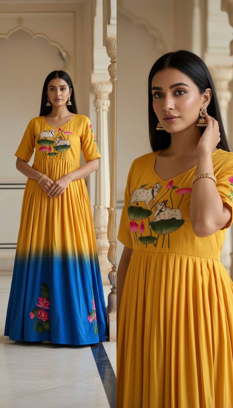 Anarkali Gown Mustard Yellow & Royal Blue Ombre Maslin with Lotus Print & Khatli Handwork