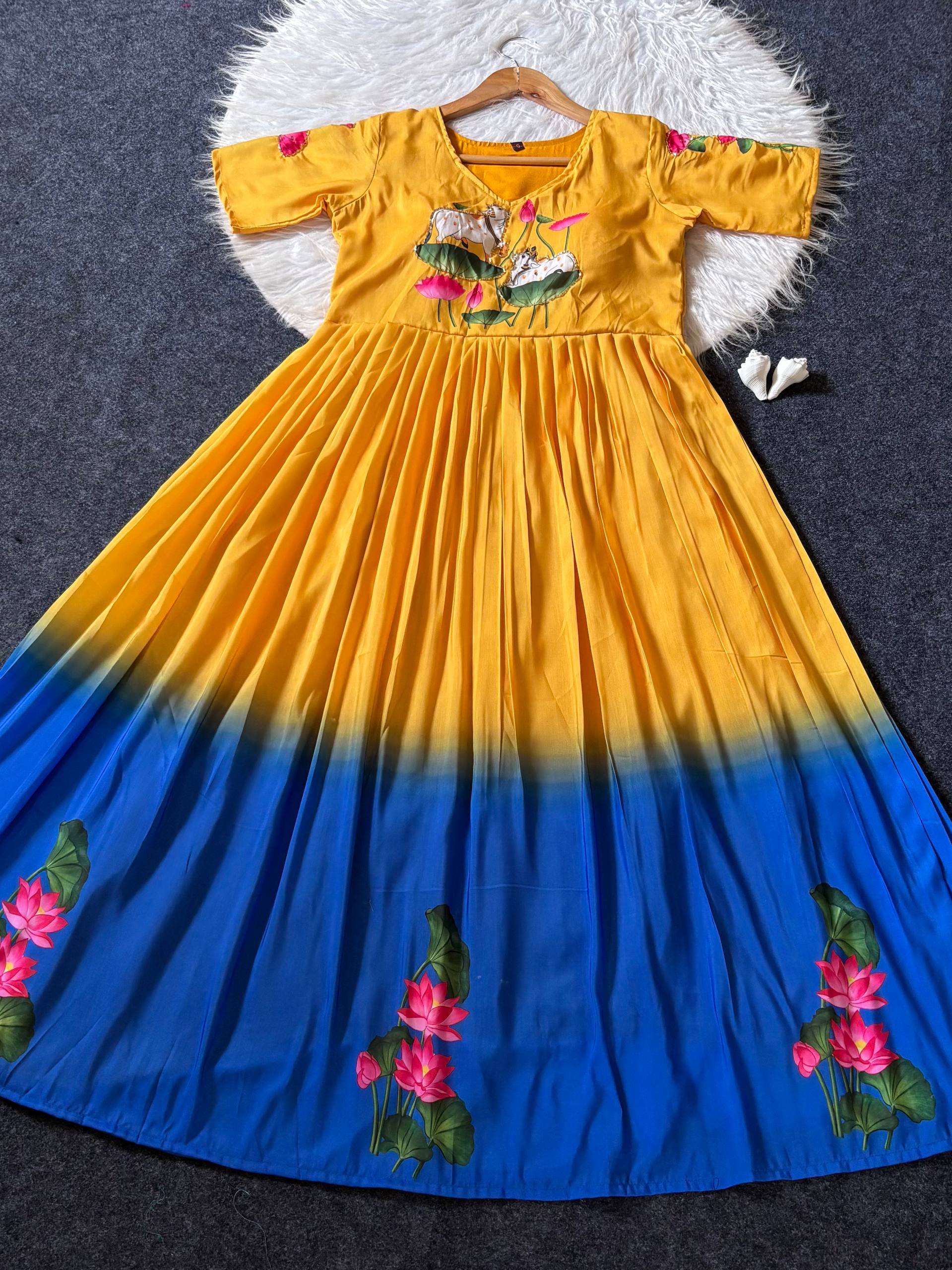 Anarkali Gown Mustard Yellow & Royal Blue Ombre Maslin with Lotus Print & Khatli Handwork