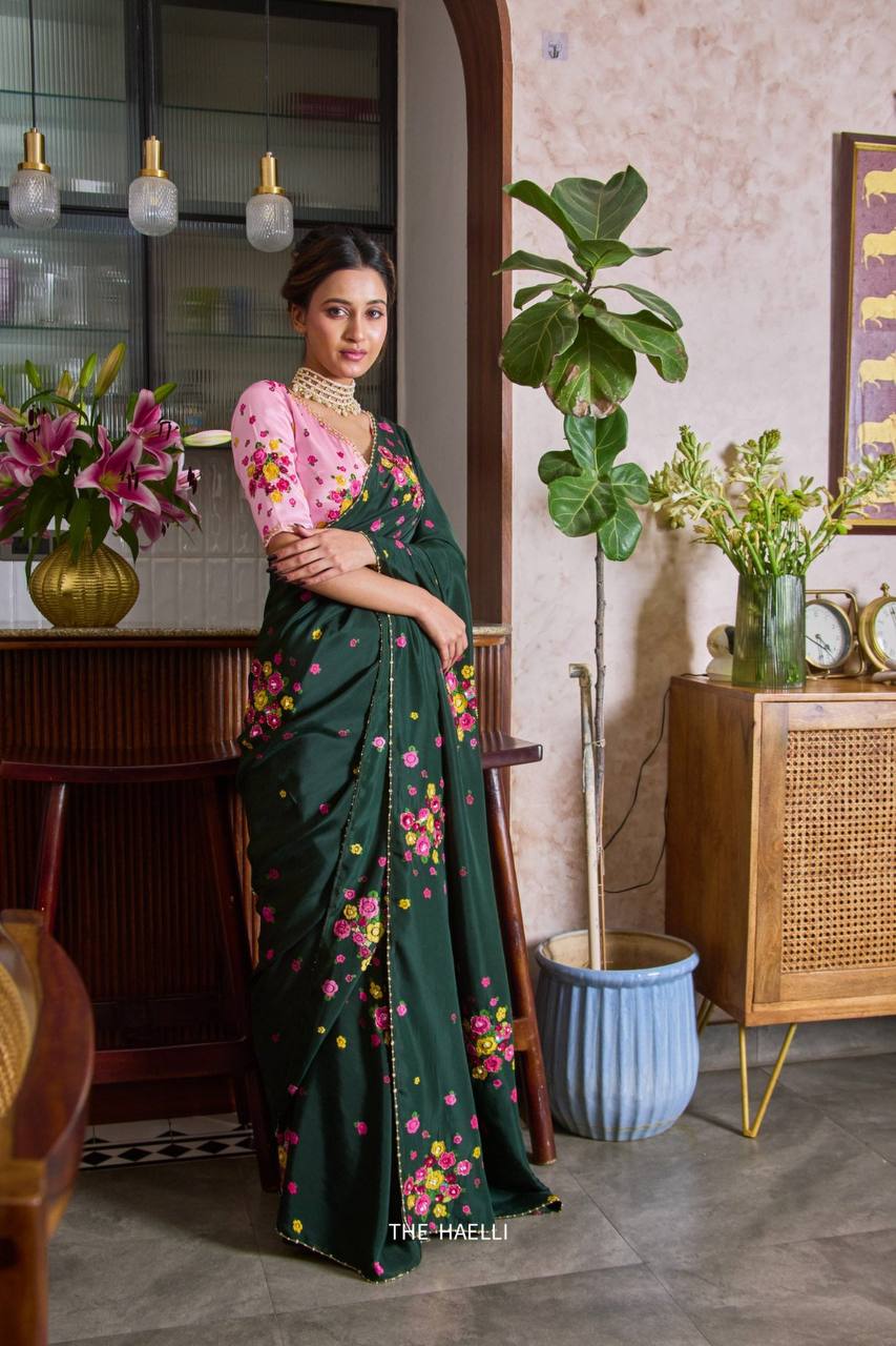 Dark Green Soft Tabi Floral Saree with Cut Dana Handwork