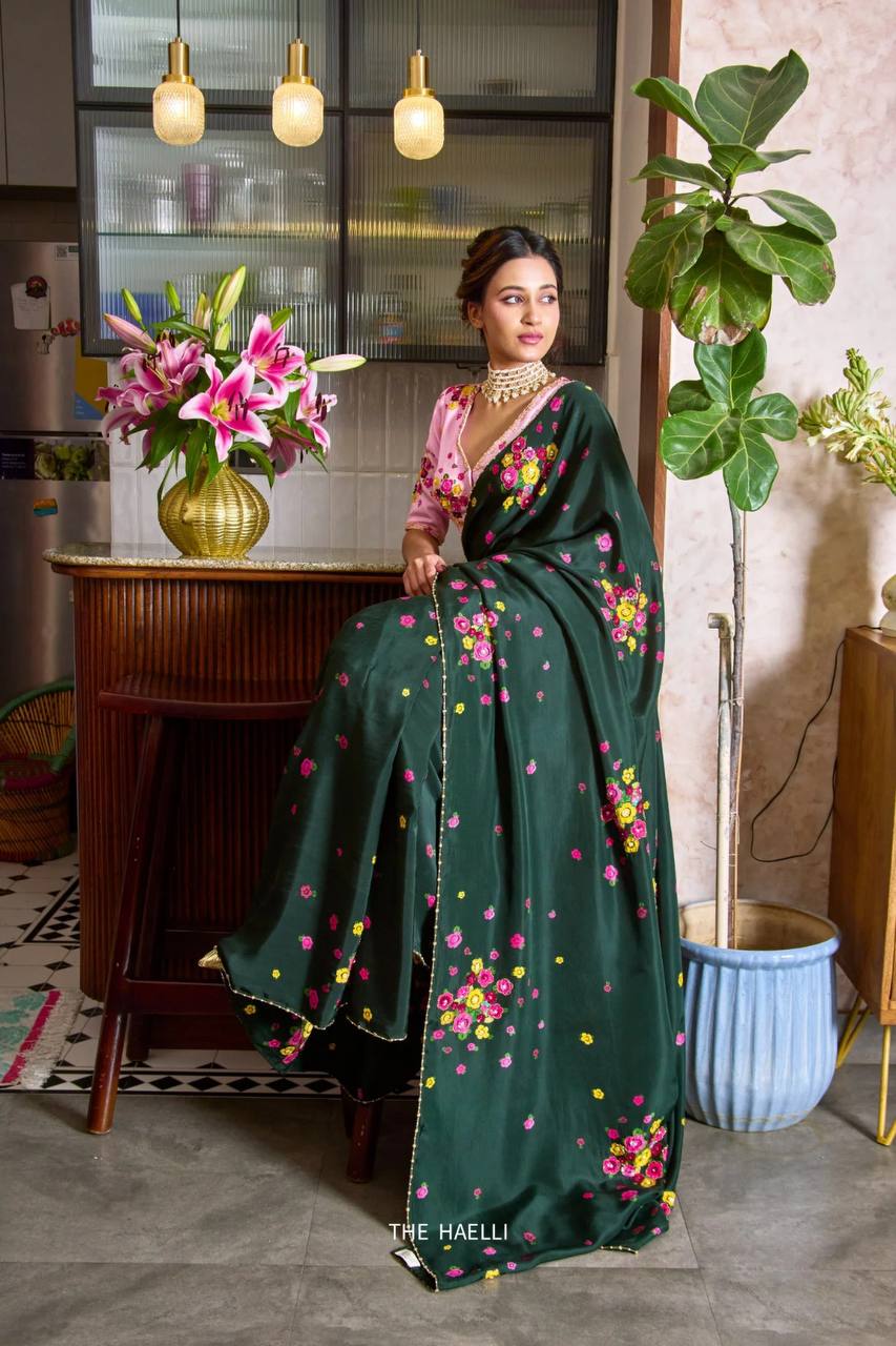 Dark Green Soft Tabi Floral Saree with Cut Dana Handwork