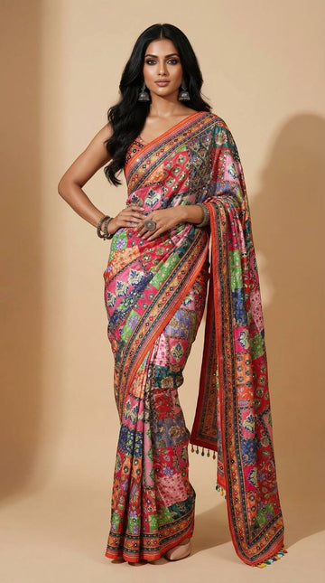 Traditional Patch Print Roman Silk Saree with Real Mirror Embellishments