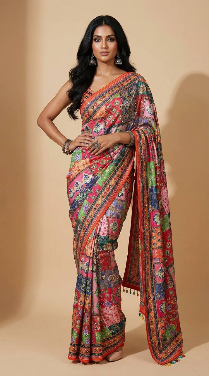 Traditional Patch Print Roman Silk Saree with Real Mirror Embellishments