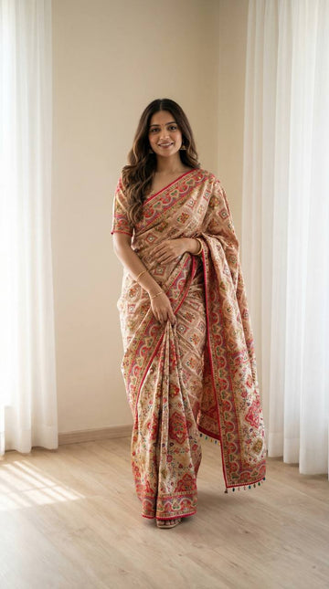 Ajarakh Print Beige Ethnic Saree with Vibrant Real Mirrors
