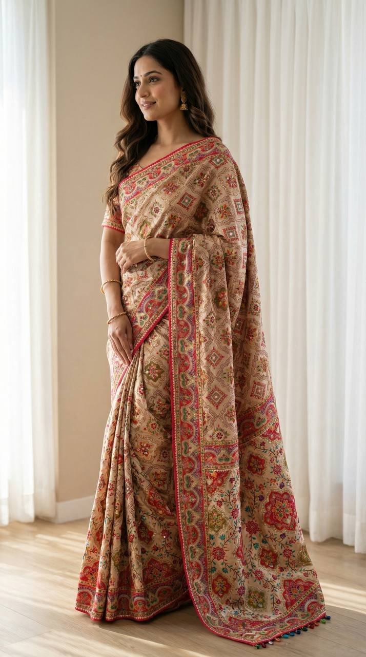 Ajarakh Print Beige Ethnic Saree with Vibrant Real Mirrors