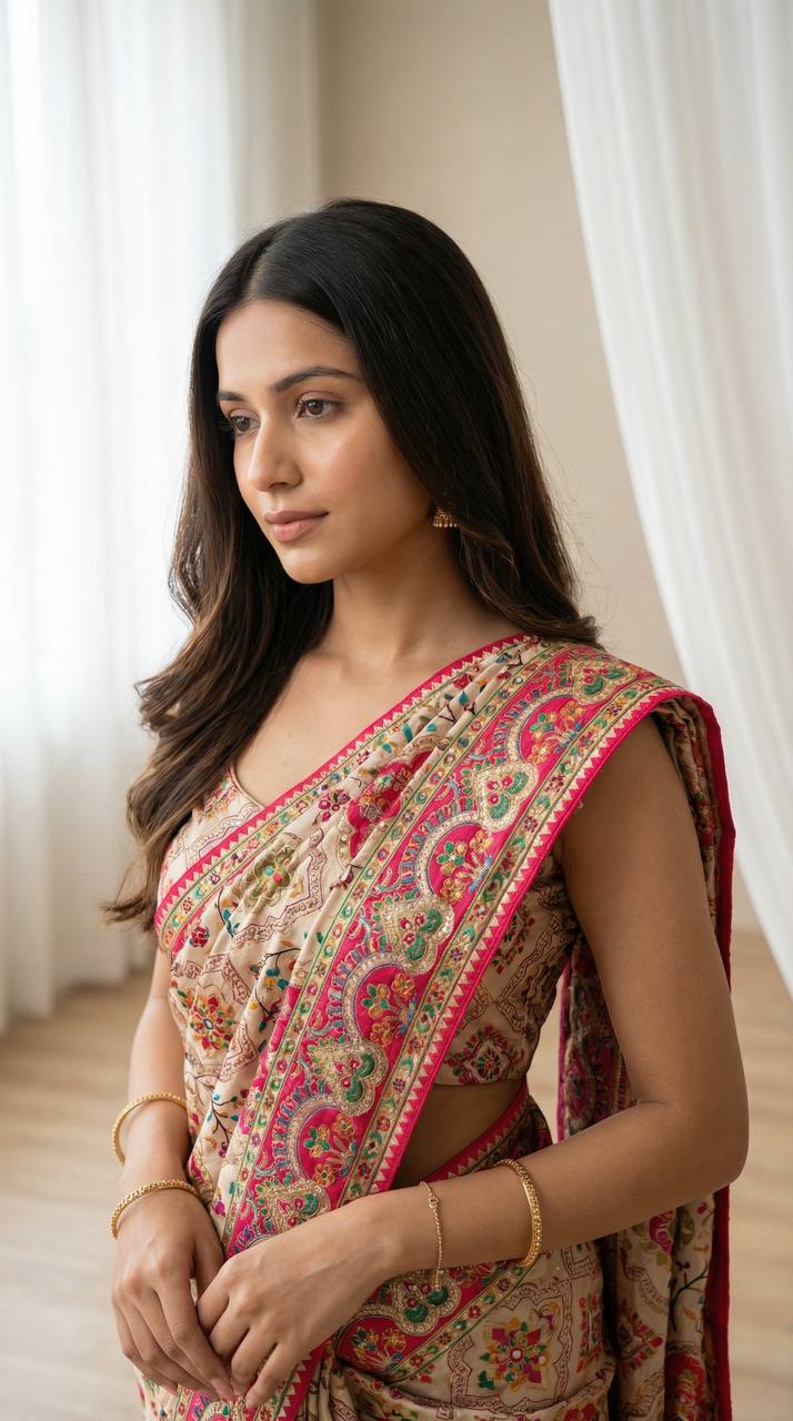 Ajarakh Print Beige Ethnic Saree with Vibrant Real Mirrors