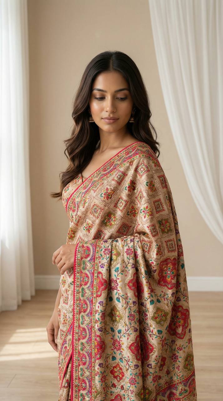 Ajarakh Print Beige Ethnic Saree with Vibrant Real Mirrors