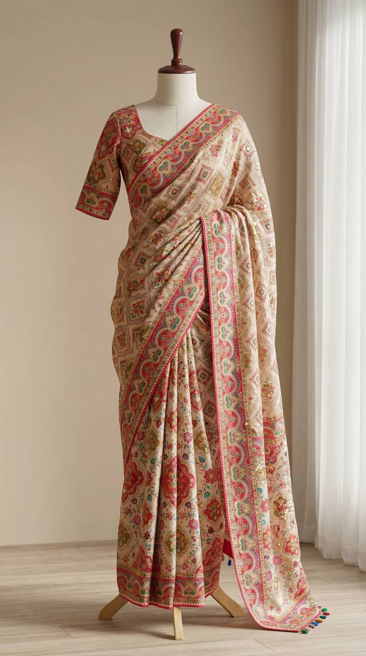 Ajarakh Print Beige Ethnic Saree with Vibrant Real Mirrors