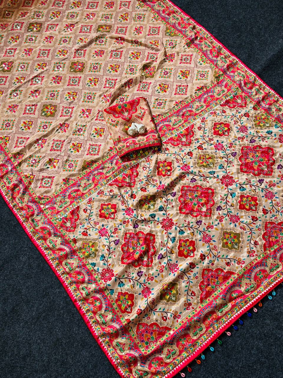 Ajarakh Print Beige Ethnic Saree with Vibrant Real Mirrors