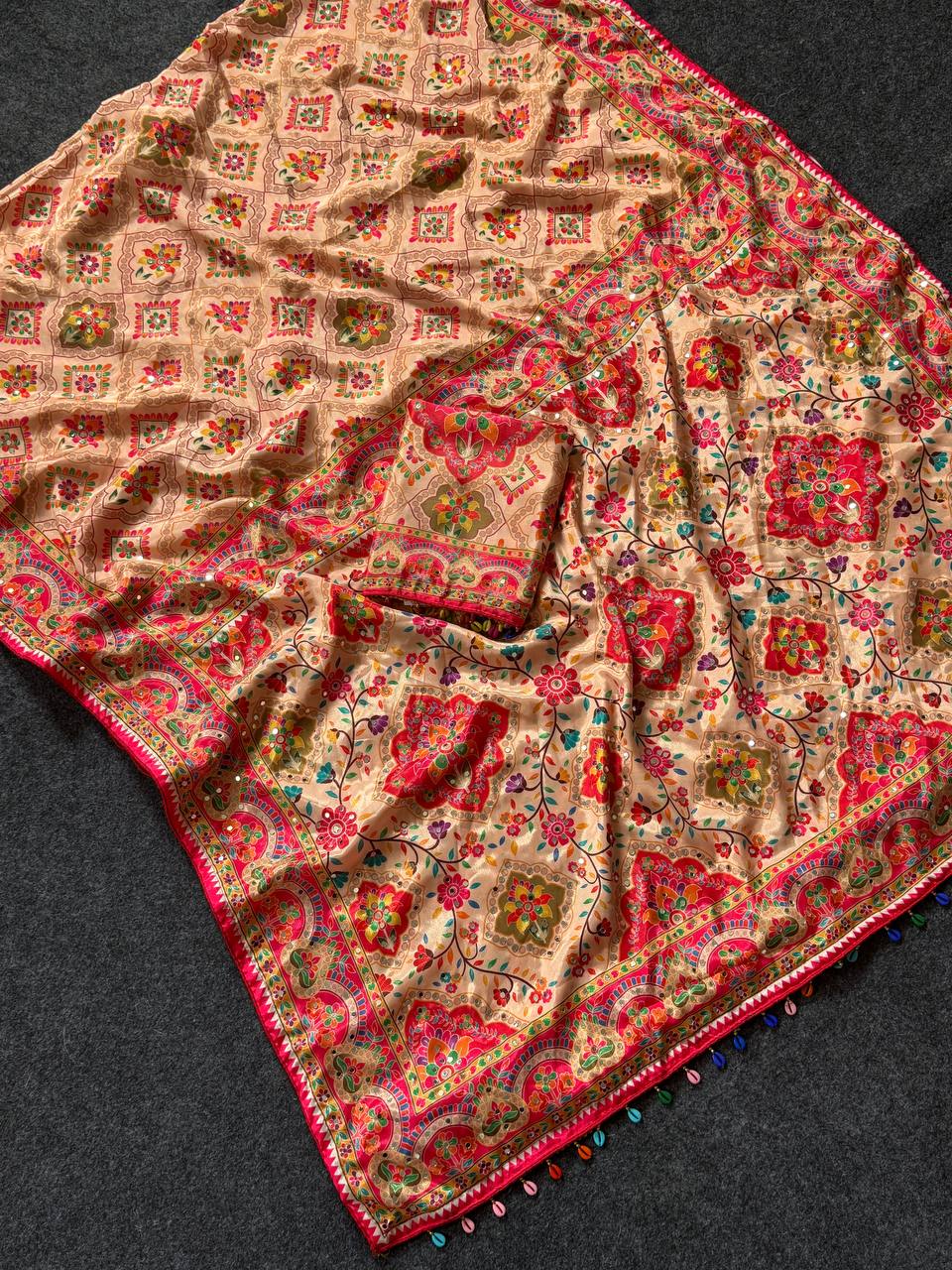 Ajarakh Print Beige Ethnic Saree with Vibrant Real Mirrors