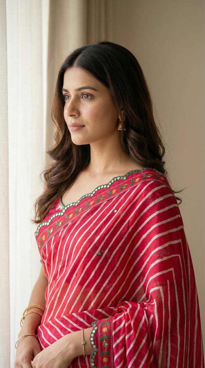 Red Leheriya Chinon Saree with Gopi Kana Print & Rich Mirror Work