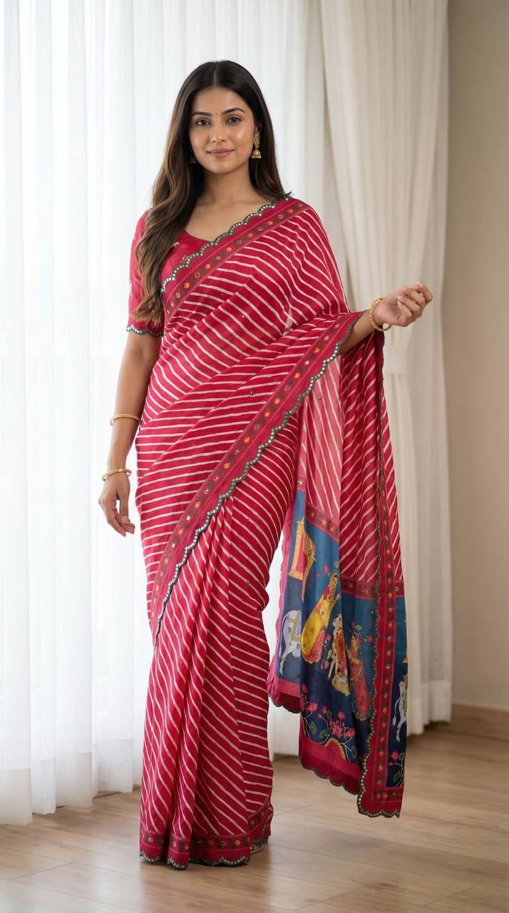 Red Leheriya Chinon Saree with Gopi Kana Print & Rich Mirror Work