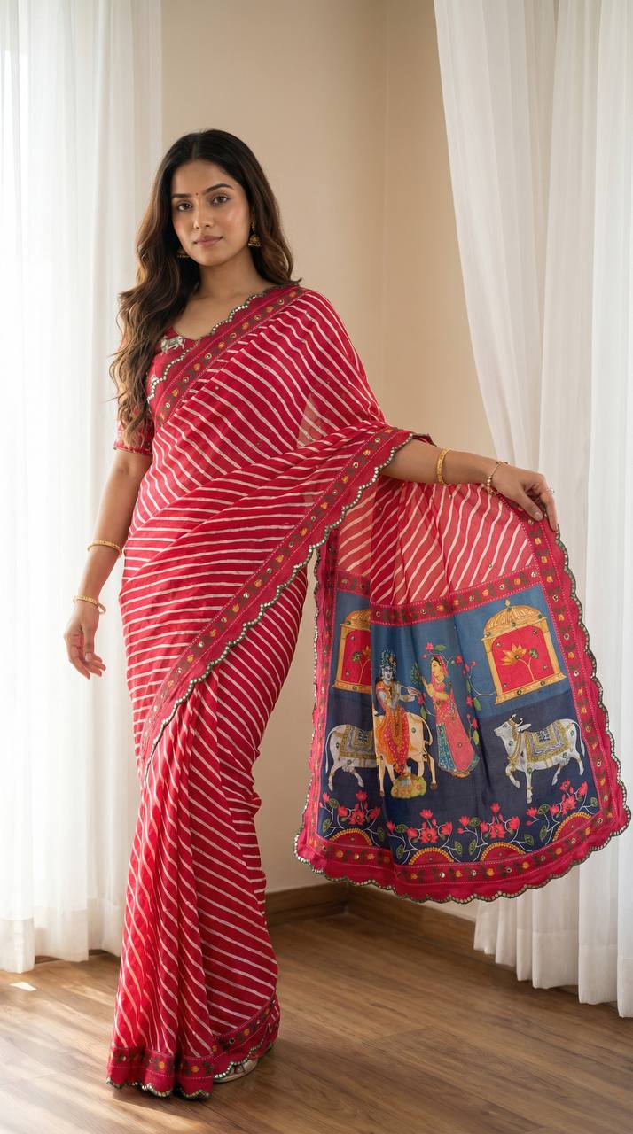 Red Leheriya Chinon Saree with Gopi Kana Print & Rich Mirror Work
