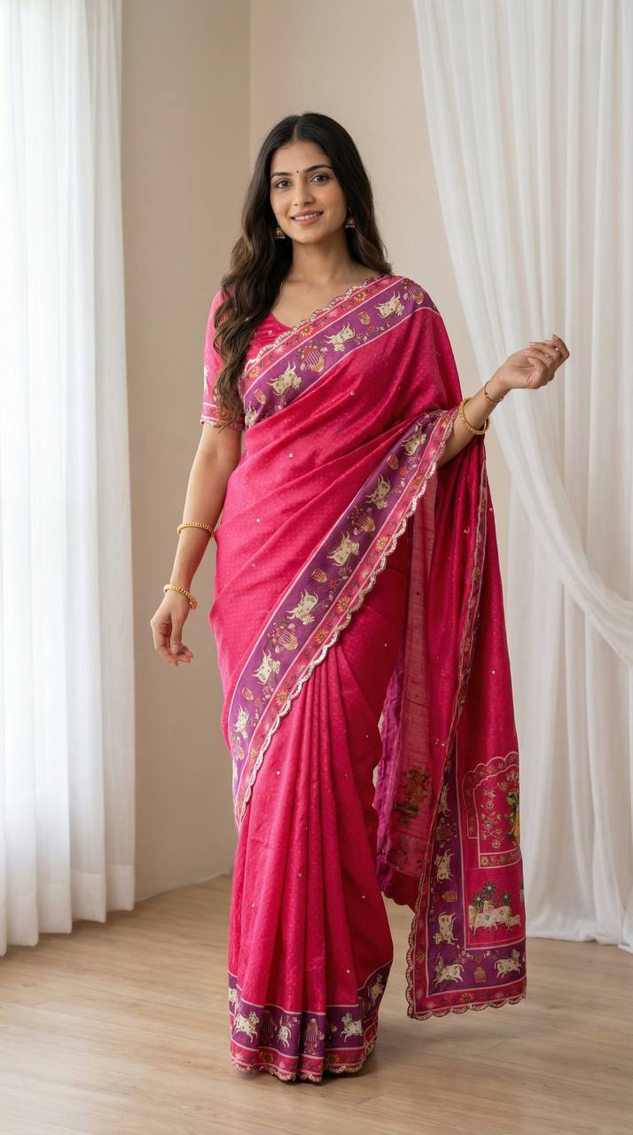 Royal Pink Aari Mirror Foil Work Printed Chinon Saree with Running Blouse
